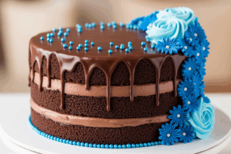 Chocolate Drip Cake With Blue Decorations