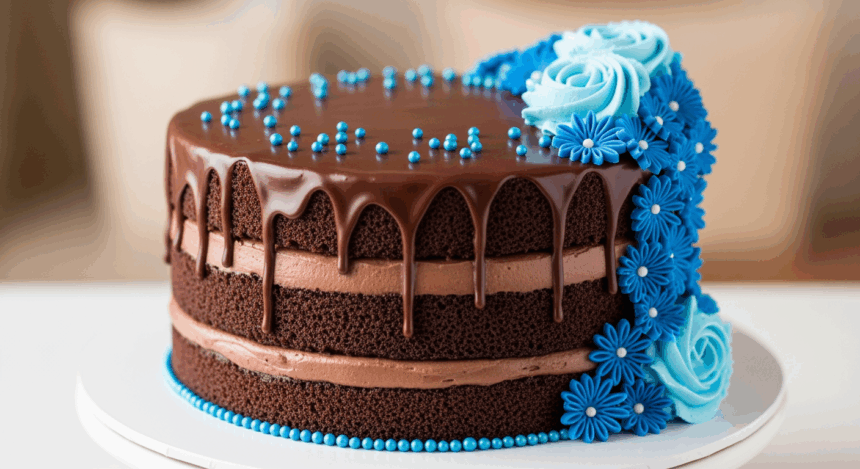 Chocolate Drip Cake With Blue Decorations