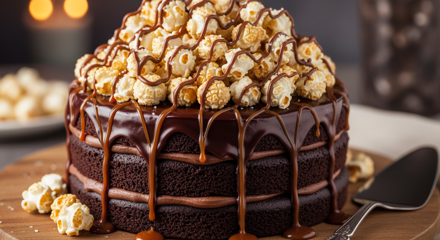 Chocolate Cake With Popcorn Topping