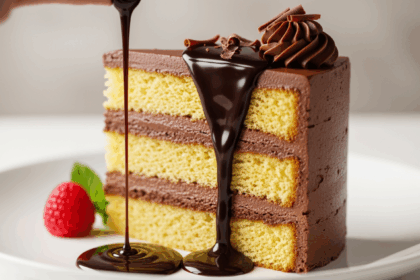 Slice Of Layered Cake With Chocolate Sauce
