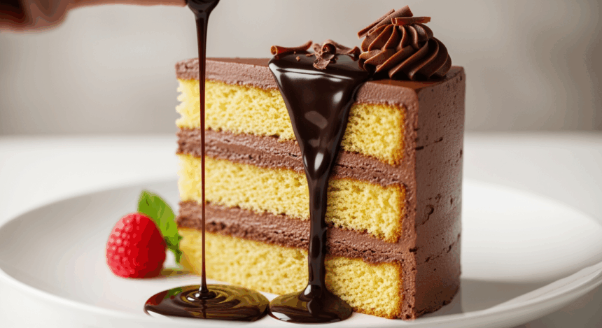 Slice Of Layered Cake With Chocolate Sauce