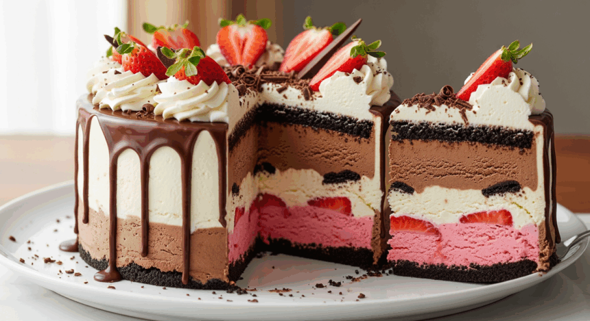 Layered Ice Cream Cake With Chocolate Drizzle