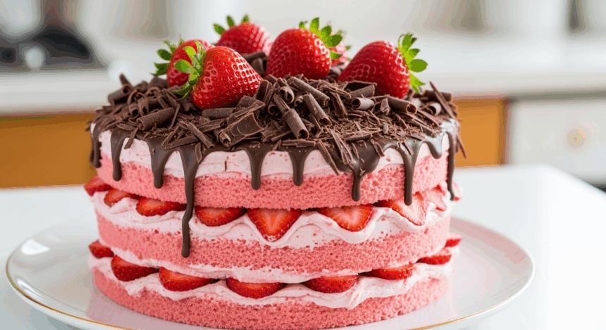 Strawberry Cake With Chocolate Shavings