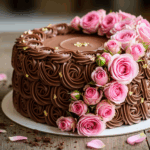 Chocolate Rose Cake With Pink Flowers
