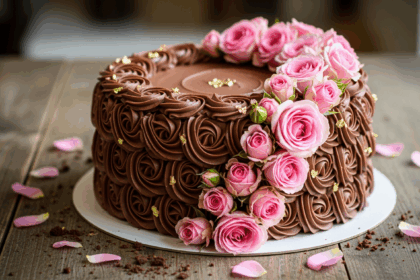 Chocolate Rose Cake With Pink Flowers