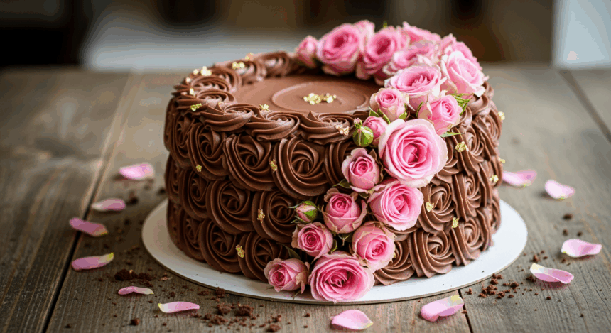 Chocolate Rose Cake With Pink Flowers
