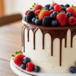 White Cake With Chocolate Drip And Berries