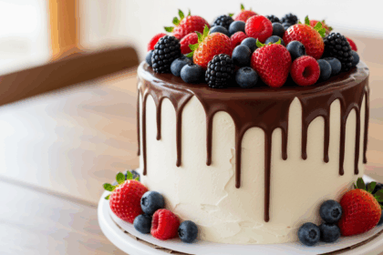 White Cake With Chocolate Drip And Berries