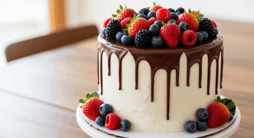 White Cake With Chocolate Drip And Berries