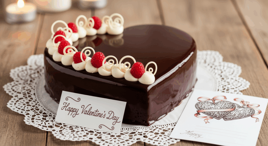 Heart-Shaped Chocolate Cake With Cards