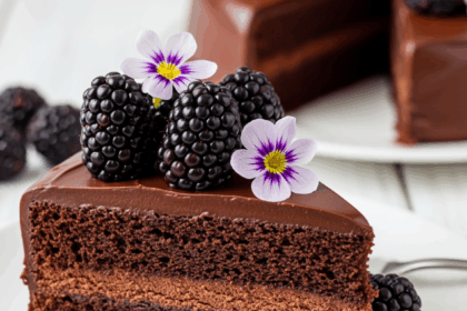 Chocolate Cake With Blackberries And Flowers