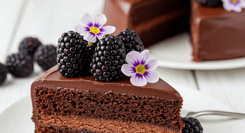Chocolate Cake With Blackberries And Flowers