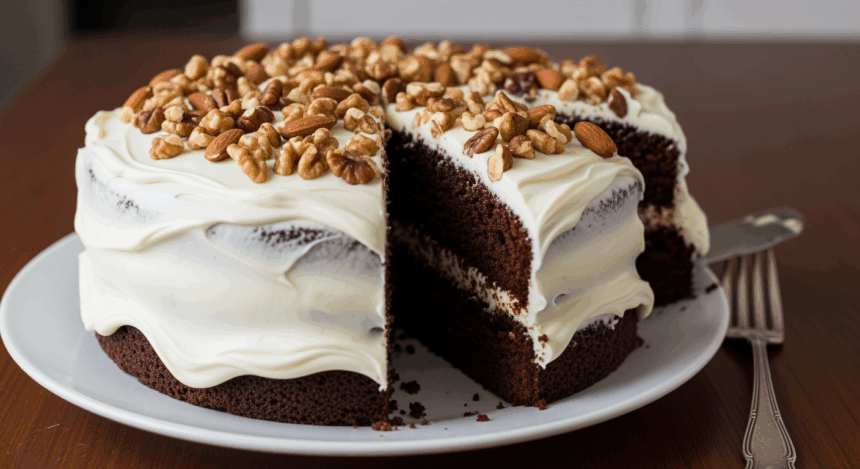 Chocolate Cake With White Frosting And Nuts
