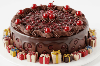 Chocolate Cherry Cake With Gifts