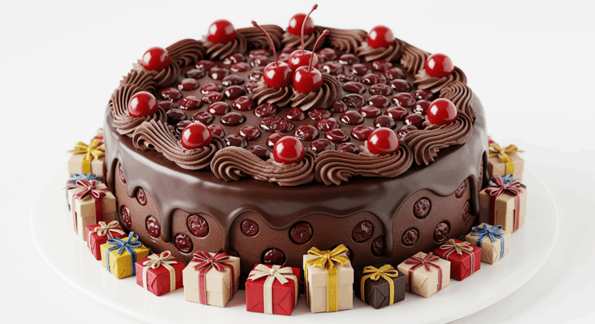 Chocolate Cherry Cake With Gifts