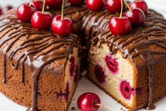 Cherry Cake With Chocolate Drizzle
