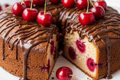 Cherry Cake With Chocolate Drizzle