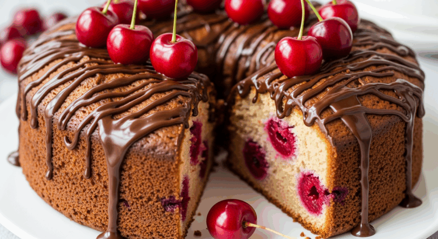 Cherry Cake With Chocolate Drizzle