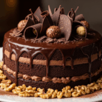 Chocolate Cake With Nuts And Chocolate Decorations