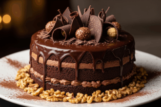 Chocolate Cake With Nuts And Chocolate Decorations