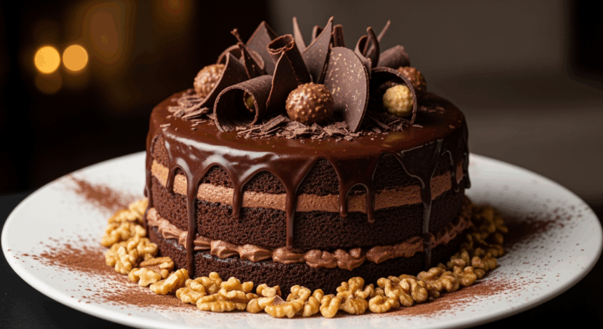 Chocolate Cake With Nuts And Chocolate Decorations