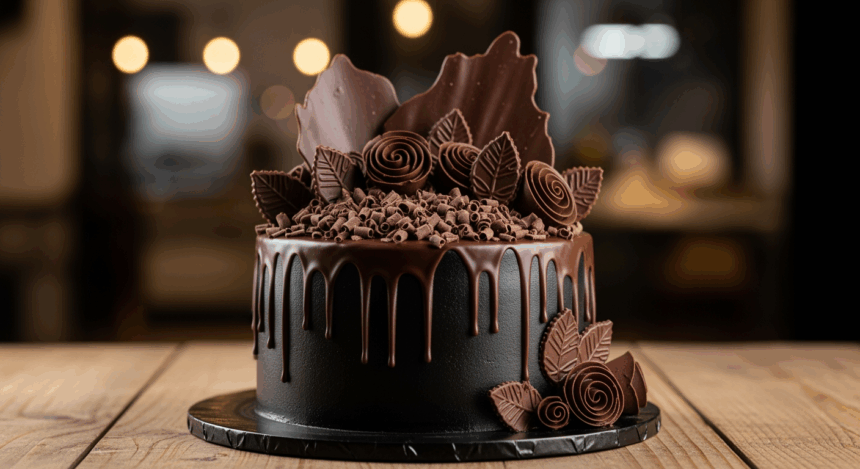 Black Drip Cake With Chocolate Decorations
