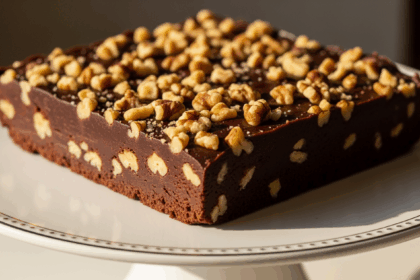Chocolate Fudge With Nuts On Cake Stand
