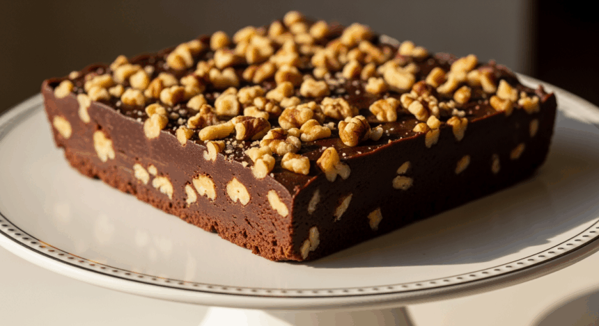 Chocolate Fudge With Nuts On Cake Stand