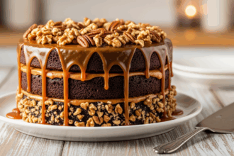 Chocolate Cake With Caramel Frosting And Nuts