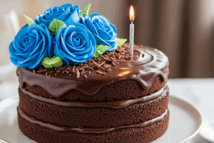 Chocolate Birthday Cake With Blue Roses