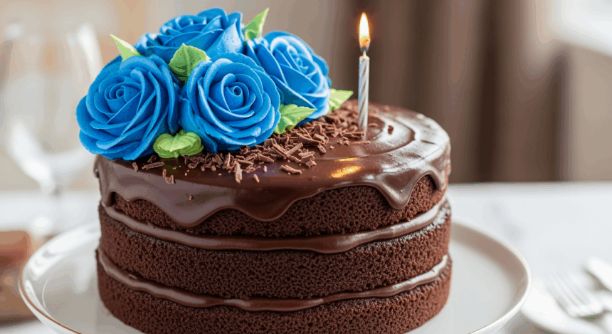 Chocolate Birthday Cake With Blue Roses