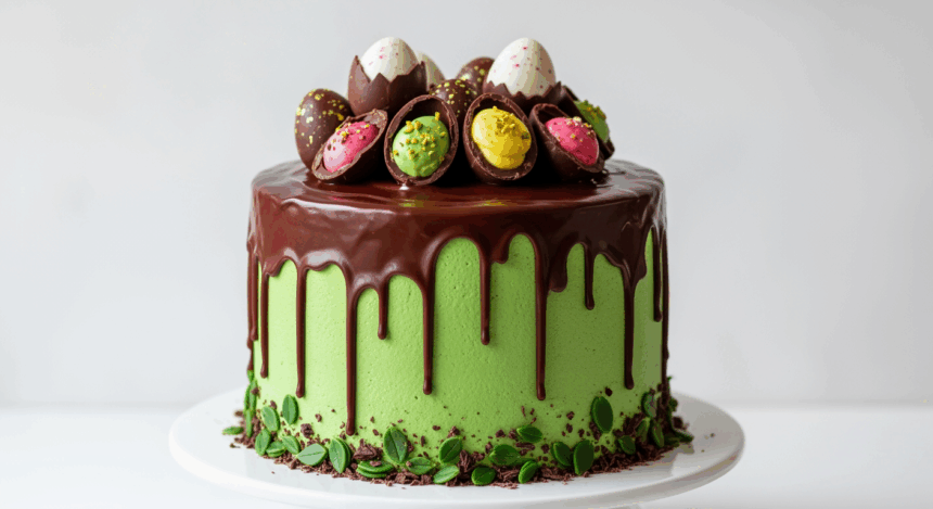 Green Cake With Chocolate Eggs