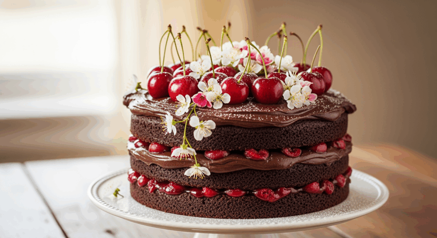 Chocolate Cherry Cake With Flowers