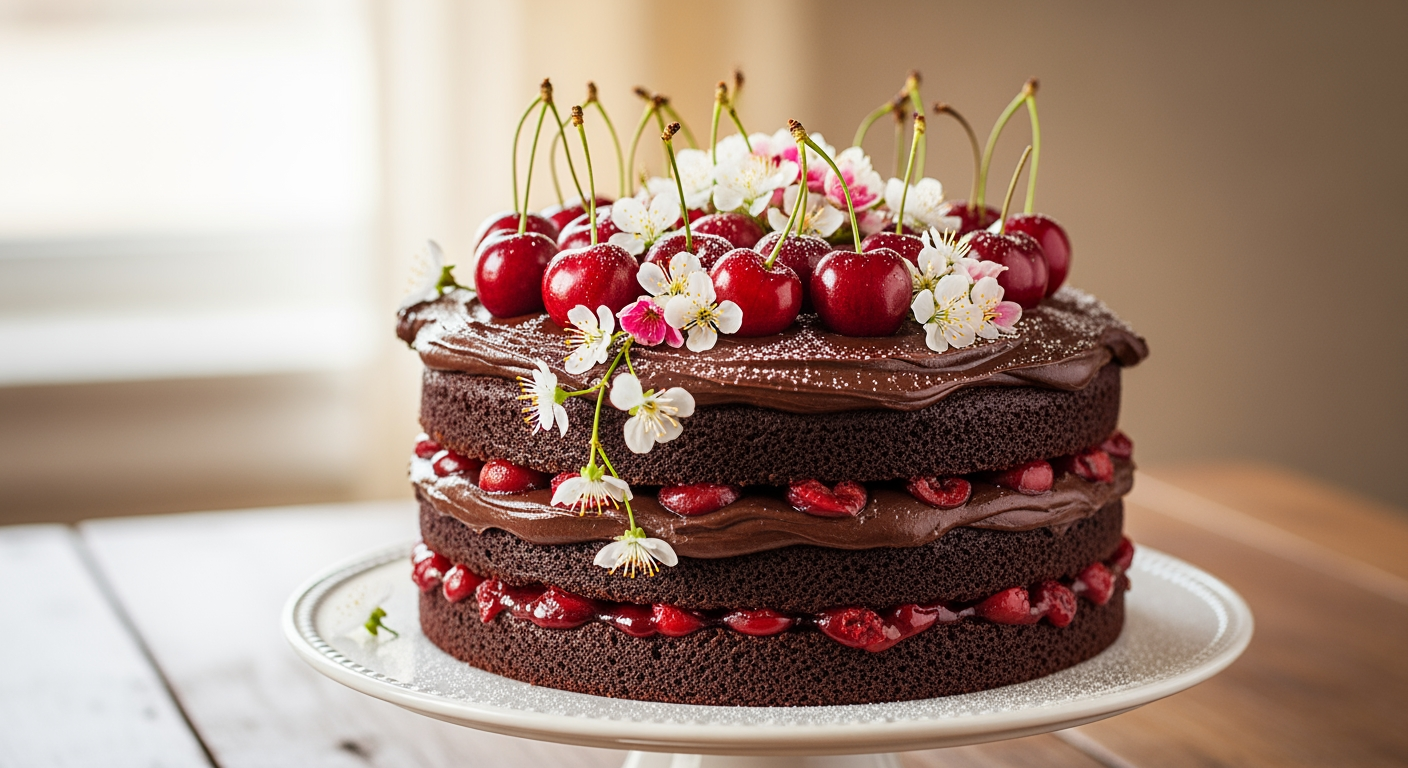 Chocolate Cherry Cake With Flowers