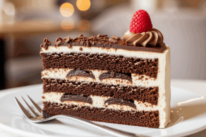 Slice Of Layered Cake With Chocolate And Cream