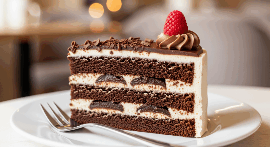 Slice Of Layered Cake With Chocolate And Cream
