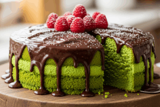 Green Cake With Chocolate Drizzle