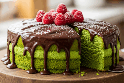 Green Cake With Chocolate Drizzle