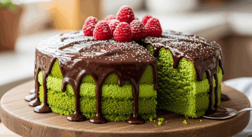 Green Cake With Chocolate Drizzle