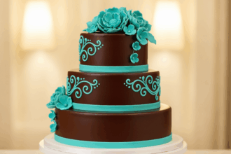 Three-Tier Chocolate Cake With Teal Accents