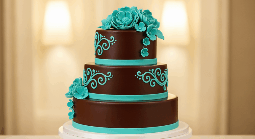 Three-Tier Chocolate Cake With Teal Accents