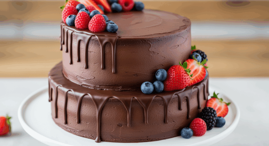 Two-Tier Cake With Chocolate Drip And Berries