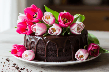 Chocolate Cake With Pink Tulips