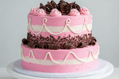 Pink Birthday Cake With Chocolate Decorations