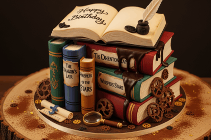 Book-Themed Cake With Chocolate Decorations
