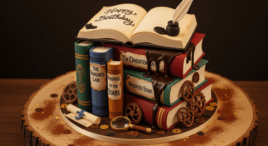 Book-Themed Cake With Chocolate Decorations