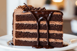 Slice Of Layered Cake With Chocolate Topping