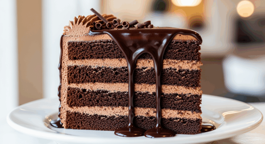 Slice Of Layered Cake With Chocolate Topping