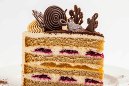 Slice Of Layered Cake With Chocolate Decoration