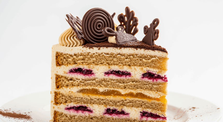Slice Of Layered Cake With Chocolate Decoration